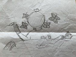 Bassetronaute, dessin à colorier, salutation, papillon, astronaute sur l’eau avec montre et bateau, par rose-Andrée monty